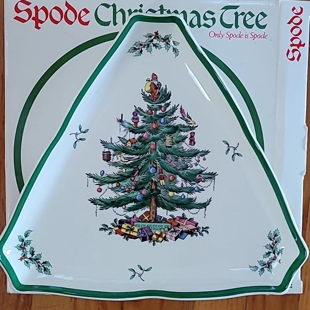 Vintage Fine Porcelain Spode Christmas Tree Large Triangle Tray Plate & Box